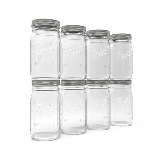Ball Wide Mouth Glass Mason Jars with Lids and Bands, Used for Canning, Pickling, Juice, Jam, Jelly, Quart Size 32 Ounce (Pack of 8)