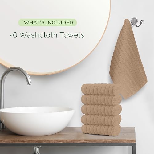 Image of Elegant Comfort 100% Turkish Cotton Corduroy Ribbed Luxury Washcloths 6 Pack Soft 13 x 13 Inch - Higly Absorbent, Durable, Quick Dry, Spa Premium Hotel Quality for Bathroom or Travel, Taupe