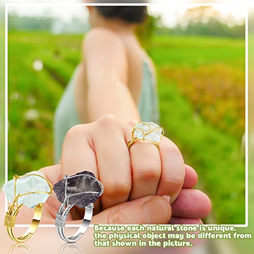 Sureio 8 Pieces Chakra Crystal Ring Healing Crystal Ring Adjustable Gemstone Rings Copper Wire Wrapped Irregular Colorful Gem Rings for Women(Silver and Gold Ring)3