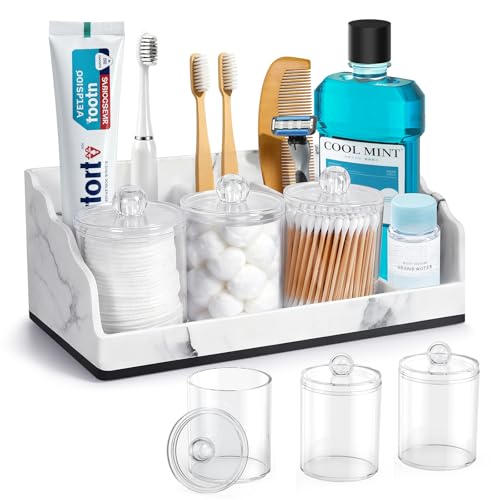 Bathroom Counter Organizer with 3PCS Qtip Holder, Marble Toothbrush Holders for Bathrooms, Bathroom Organizers and Storage with Drain Holes, Electric Toothbrush Holder, Vanity Organizer