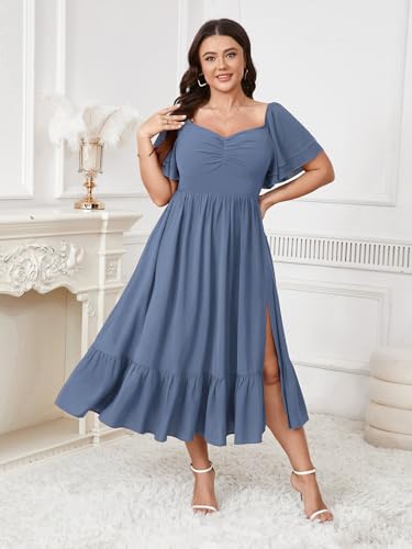 Image of SCOMCHIC Womens Plus Size Wedding Guest Cocktail Dresses Sweetheart Neckline Short Sleeve Smocked Ruffle Slit Maxi Dress