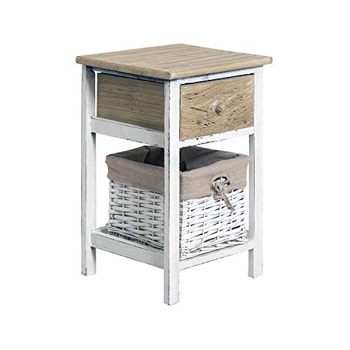 Rebecca Mobili Petite Table de Chevet, Commode Montée en Bois, 1 Tiroir 1 Tiroir en Osier, Blanc Marron Clair, Shabby Style, Chambre – Dimensions: 46 x 31 x 27 cm (HxLxL) - Art. RE4357