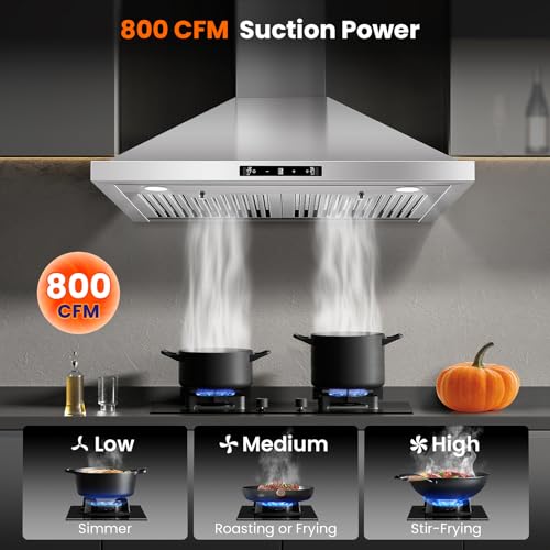 Image of Wall Mount Range Hood 30 inch, 800 CFM Kitchen Hood Stainless Steel Stove Vent Hood with Gesture Sensing & Touch Control, Ducted /Ductless Convertible Duct, 3-Speed Fan, LED Lights, Baffle Filters