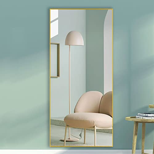 Image of NeuType 71 inchx32 inch Full Length Mirror with Standing Holder Aluminum Alloy Frame Floor Mirror Wall-Mounted Mirror for Living Room, Bedroom, Hanging or Leaning Against Wall, Golden (with Stand)