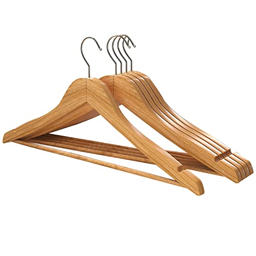 Image of Naayaab Craft Solid Wooden Hangers | 360 Swivel Hook and Notches | Wooden Clothes Hanger for Hanging Garments and Accessories with Non-Slip Bar (Natural) Pack of- 5
