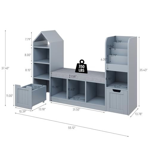 Vabches Toy Storage Organizer for Kids Bookshelf with Reading Nook, Multifunctional Bookcase with 7 Storage Cubbies, 2 Movable Drawers and Seat Cushion for Keeping Kids' Toys Books Organized, Grey