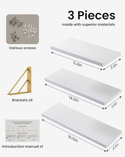 Image of BAYKA Wall Shelves for Bedroom Decor, Floating Wall Shelves for Living Room Kitchen Storage, Wall Mounted Rustic Wood Shelves for Kids Books,Corner Shelves for Bathroom(White and Gold,Set of 3)