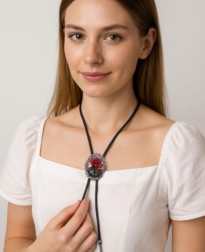 Image of PEARLY JUN Bolo Tie for Women Men Flower Rose Western Cowboy Brown Leather Country Style String Vest Gifts