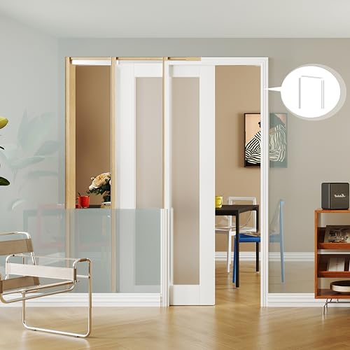 Image of Interior Pocket Door, 1-Lite Frosted Glass Pantry Door Panel with Frame and Hardware Kit Set Plus Door Jamb, 28 inch x 80 inch Single Closet Door Slab for Sliding Door, No Panel Assembly Required
