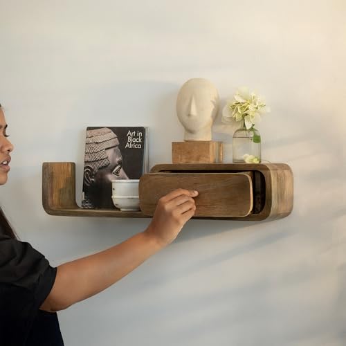 Image of Ellementry Boxy Wooden Wall Shelf with Drawer | Colour: Grey Brown | Mango Wood | Organiser | Wall Decor | Handcrafted | Sustainable | Home & Living | Gifting