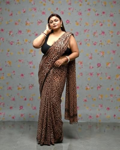 Image of Leopard Print Saree With Soft Fabric with Unstiched Blouse Peace(DYCC02 AMZ)