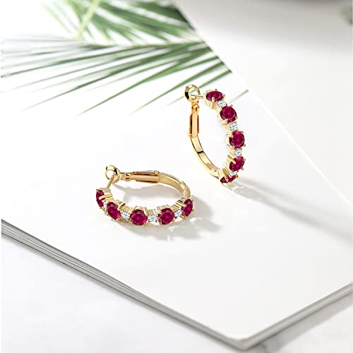 Gem Stone King 18K Yellow Gold Plated Silver Red Created Ruby Hoop Earrings For Women (2.74 Cttw, Round Cut, 1 Inch Diameter) #TOP3