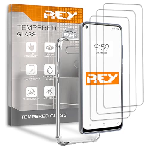 REY 3X Protector de Pantalla y Funda Anti-Shock para LG K51s Quad CAM, Cristal Vidrio Templado y Silicona TPU de Alta Resistencia