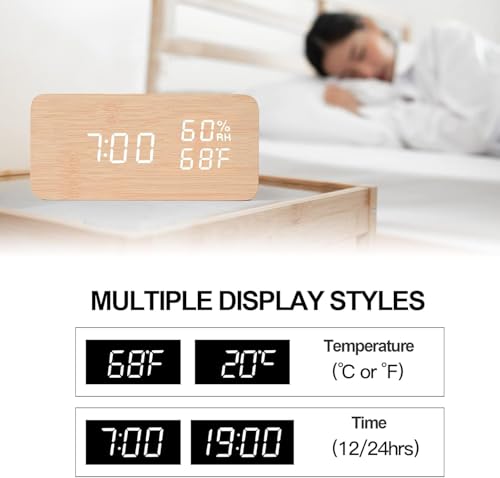 Image of Wooden Finishing Desk Digital Clock | Clock Alarm Digital with 6 Inch LED Display, USB Powered Temperature Table Loud Alarm Clock for Bedroom| AlarmClock for Heavy Sleepers