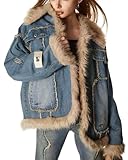 CHARTOU Women's Fuzzy Fur Denim Padded Jacket Patchwork Distressed Winter Warm Thicken Sherpa Lined Jean Coat (Medium, Blue)