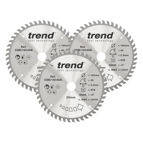Trend Wood Circular Saw Blades, 160mm Diameter, 20mm Bore, 48 Teeth, 2.2mm Kerf, +15° Hook, TCT, Fine Finish, 3 Pack, CSB/160/3PK