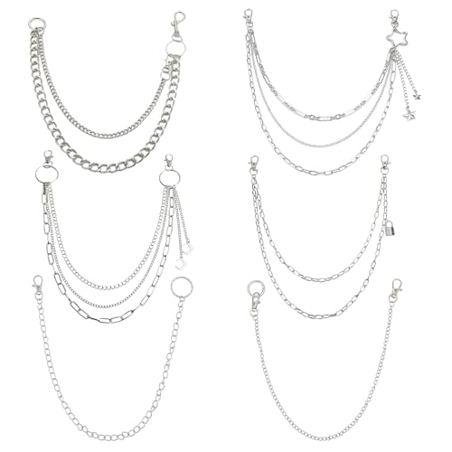 GothicBride Hosenkette Set 6 Stück Gürtelkette Gothic Punk Schlüsselkette Hose Kette Doppelschicht Waistband Hip Hop Jeanskette Accessoires für Damen Männer (Einfach)