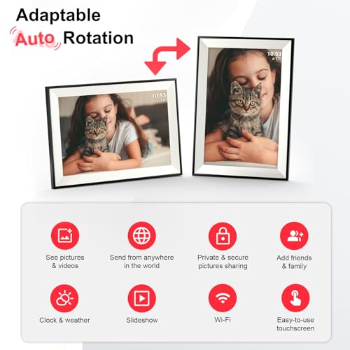 Hesmor 64GB Frameo Digital Photo Frame WiFi 10.1 Inch, 1280x800 IPS LCD Touchscreen, Auto-Rotate and Audio, Share Photos or Videos via the Frameo App Anywhere, Electronic Photo Frame Black & White - Image 3