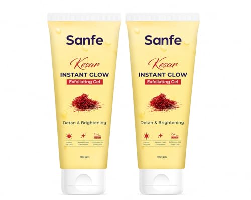 Image of Sanfe Kesar Instant Glow Exfoliating Gel | Visibly removes tan & brighten skin | AHA Exfoliation in Minutes | Smooth & Bright Skin | (Pack of 2) 200g