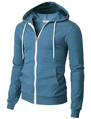 H2H Mens Casual Basic Long Sleeve Zip Up Hoodie Jacket Steelblue US M/Asia L (CMOHOL048)