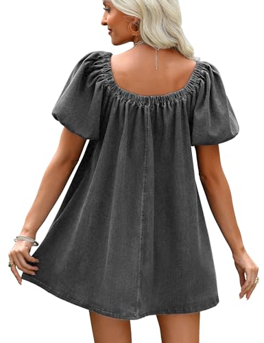 Image of Women Denim Dress Puff Short Sleeve Square Neck Jean Dress 2026 | Two Side Pockets, Babydoll Mini Dress, Stretchy Breathable Fabric, Casual Daily Outfits, Western Counrty Concert Outfits