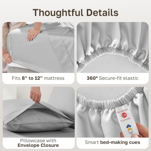 Image of California Design Den Twin Bed Sheets Set - Natural 100% Cotton Sheets with 12 inch Pockets, Soft Sateen Weave, Breathable and Durable Bedding Set for Dorm Rooms, College (Light Grey)