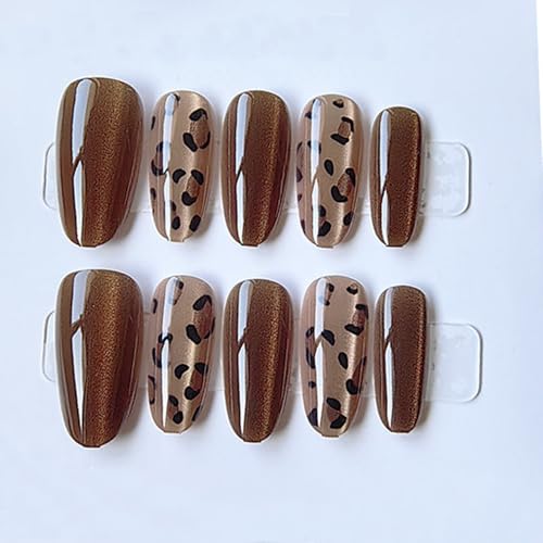 Image of Secret Lives acrylic cat eye brown animal print nails extension Press On Nails 24 pieces combo set with kit beautiful fake false nails
