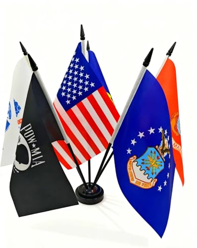 JBSJBS Military Desk Flag Set 12 Solid Pole Deluxe Set Army Flags Mini Small Armed Forces Office Table Flags with Black Stand Base for Memorial Day Veterans Day US Fourth of July Decorations(6Pack)