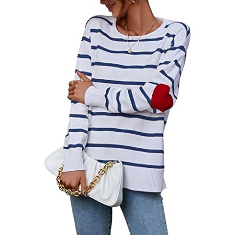 shermie Women's Striped Sweaters Long Sleeve Crew Neck Cute Heart Elbow Patchwork Sweater Navy Large Cover