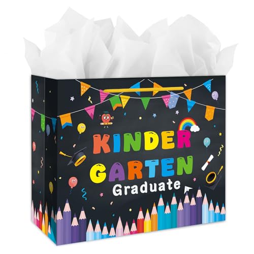 LIJUGITF Kindergarten Graduation Gift Bag for Boys Girls 2026 - 13" Large Kindergarten Grad Gift Bags for Kids, Boho Congrats Grad Gifts Bags with Tissue Paper, Class of 2026 Kids Graduation Wrapping Paper Bag