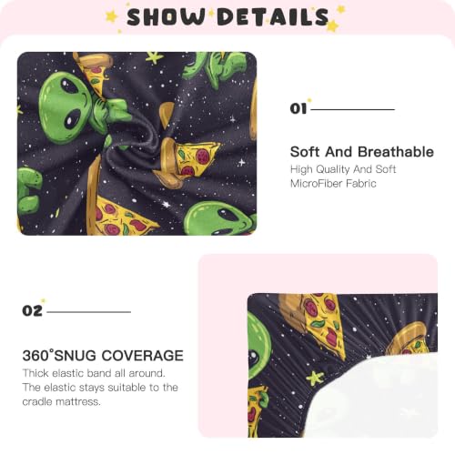 Image of Cute Green Alien Pizza Crib Sheets Soft Breathable Fitted Baby Crib Sheets Mattress Cover for Girls Boys, 52 inch x 28 inch x 9 inch