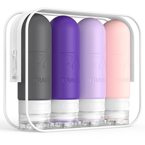 ME.FAN Travel Bottles for Toiletries,3oz Silicone Travel Size Containers, TSA Approved Squeezable Portable Split Bottle, Travel Accessories for Conditioner Shampoo Lotion - 4 Pack Purple