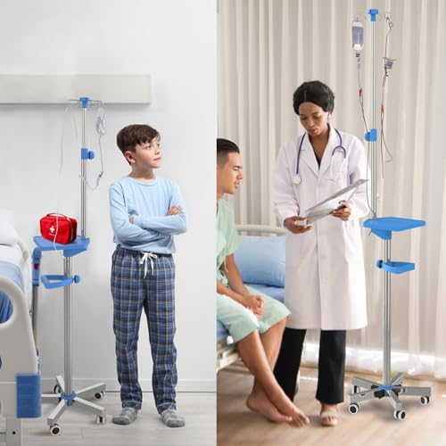Rolling IV Pole with Tray - Stainless Steel 4 Hooks IV Stand with Wheels Height Adjustable for Clinic Home Care