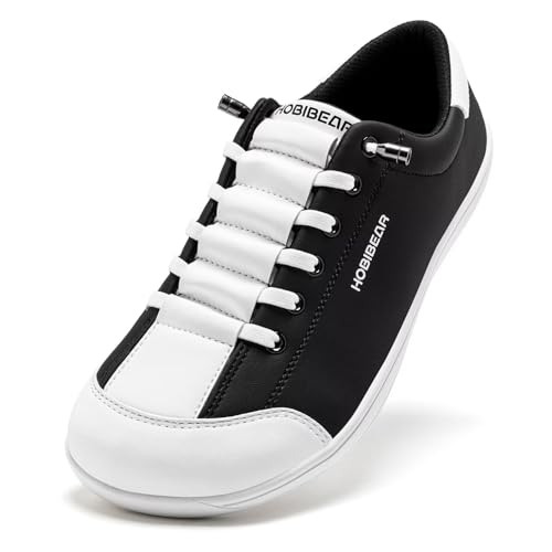 HOBIBEAR Leather Barefoot Shoes Lightweight Wide Toe Box Zero Drop Slip-on Shoes for Women(W-Black White, Women 9)