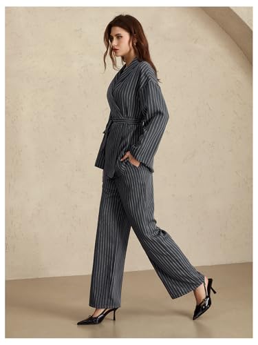 Women's 2 Piece Outfits Striped Belted Open Front Blazer and Pants Work Office Set2