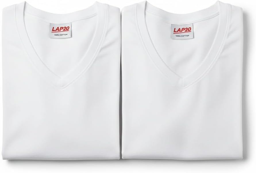 Men's Performance White Undershirt 2-Pack, 100% Cotton, Deep V-Neck