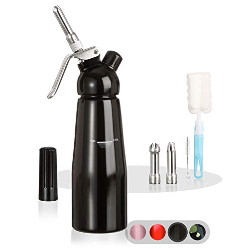 Amazy Dispensador de nata montada - Incluye 5 accesorios decorativos de acero inoxidable y 2 cepillos (Negro 500 ml) - Sifon de cocina para crema, nata, espuma y soda.