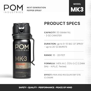 POM MK3 Pepper Spray, Belt Clip Model - Maximum Strength, Flip Top Safety 360° Performance, 18-20-Foot Range, Powerful, Accurate Stream POM MK3 Pepper Spray, Belt Clip Model – Maximum Strength, Flip Top Safety 360° Performance, 18-20-Foot Range, Powerful, Accurate Stream