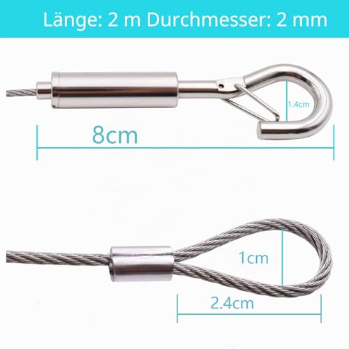 Foto von 2 Stück Drahtseil 2mm - 2m, Stahlseil mit Ösen und Haken, Edelstahl Spannseil Seilspanngarnitur, Gardinenseil Gardinen Seilsystem, Max 40kg