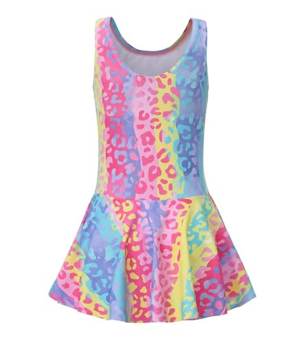 Image of Girls One Piece Swimsuits Leopard Bathing Suit for Kids Hawaiian Swimwear with Skirt Swim Dress 3-16 Years