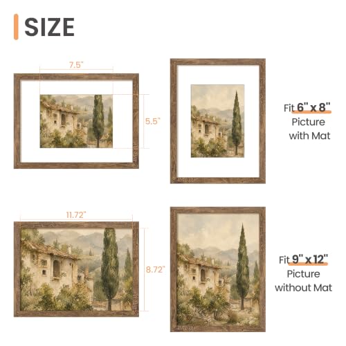Image of upsimples 9x12 Picture Frame, Wall Decor Photo Frames, Rustic Brown 1 Pack | 9 x 12 Frame, 6x8 Frame with Mat for Gallery Wall, Farmhouse, Family, Baby, Dog, Dorm, Christmas