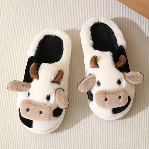 Cow Slippers for Women - Fluffy Animal Slipper for Adults, Cartoon Cute Bedroom Slides, Kawaii Winter Cotton Aesthetic House Shoes for Indoor and Outdoor Wear, Soft Fuzzy and Cozy3