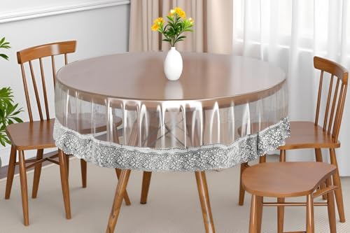 Image of The Furnishing Tree Round Shaped 4 Seater Transparent Table Cover Size 54x54 inches 0.25 mm Thickness with Silver Lace