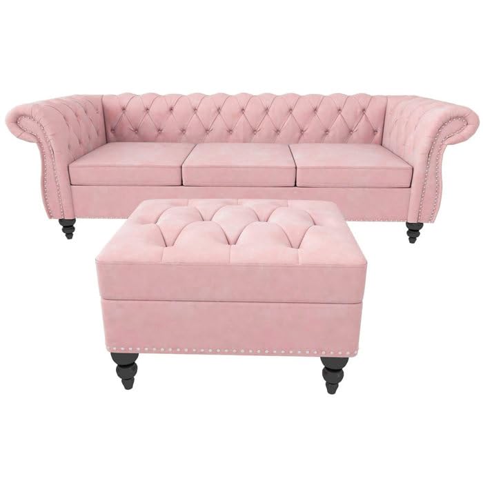 Image of Chesterfield Velvet 3 Seater Round Arm Sofa + Ottoman Modern Sofa for Your Loving Space, Bedroom, Living Room, Offices (Ashrose)