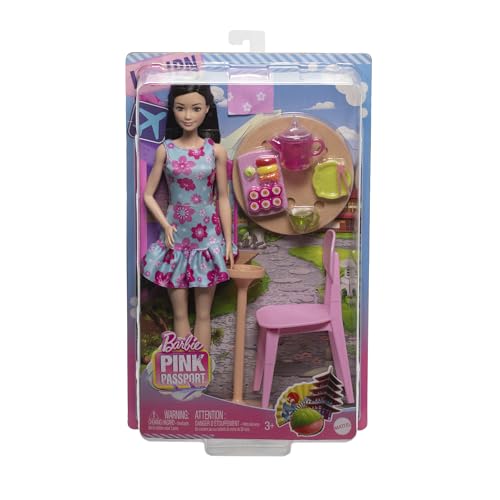 Image of Barbie Pink Passport Japan Cafe Playset with Fashion Doll in Dress & Shoes, Furniture & Accessories, Including Tea Set & Sushi