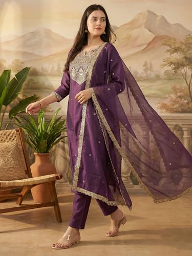 Image of INDO ERA Women's Cotton Solid Straight Kurta Palazzo With Dupatta Set