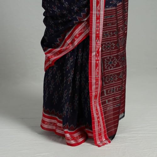 Image of ODISHAHANDLOOM Sambalpuri Pure Cotton Handloom Saree, Traditional Ikat Pattern, Red and Green, Without Blouse