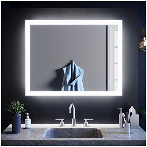SIRHONA Miroir LED Salle de Bain 90x70cm Miroir Lumineux Salle de Bain avec Eclairage Intégré Anti-buée, Commande par Effleurement Cover