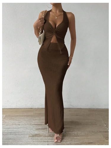 Image of SOLY HUX Women's Two Piece Outfits Twist Front Halter Cami Tops and Skirt Summer Set