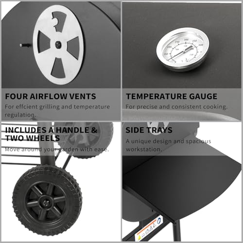 Holzkohlegrill - Holzkohle Grillwagen mit Deckel | Smoker Grill Griff, Grillrost und Thermometer, Holzkohlegrill groß, Holzkohles Kohlegrill BBQ Grill Gartengrill Holzkohle Schwarz 3